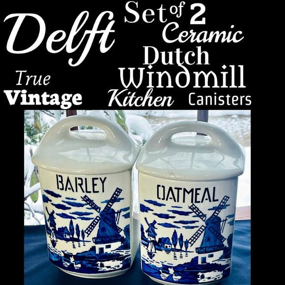 Vintage Other - ▪️VTG▪️DELFT▪️Set of 2 Ceramic Dutch Windmill Barley & Oatmeal Kitchen Canisters